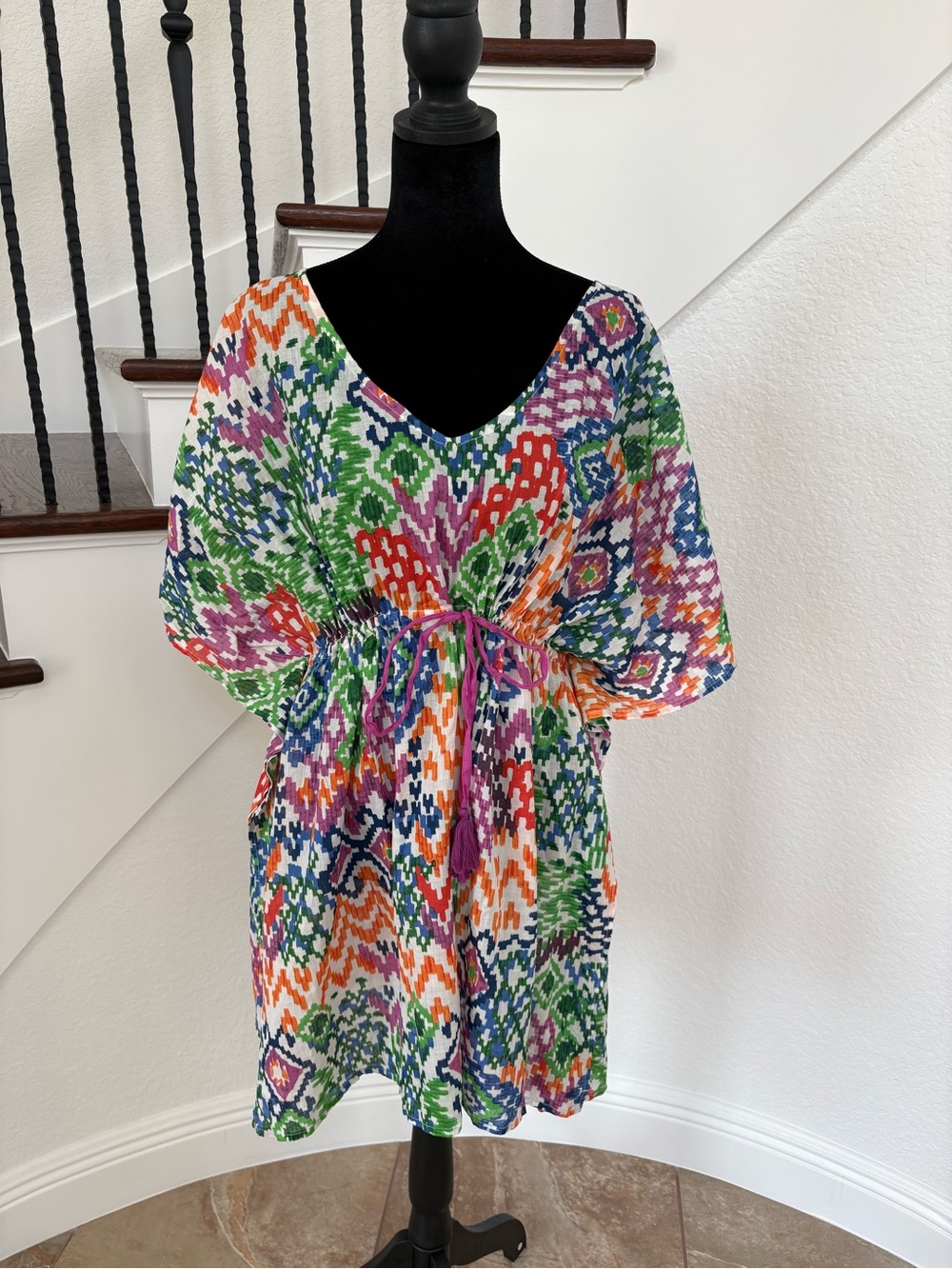 Multicolor Ikat-Print V-Neck Tunic with Drawstring Waist